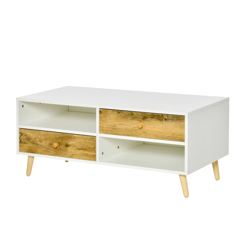 Rectangular White and Brown Coffee Table with Drawers and Shelves