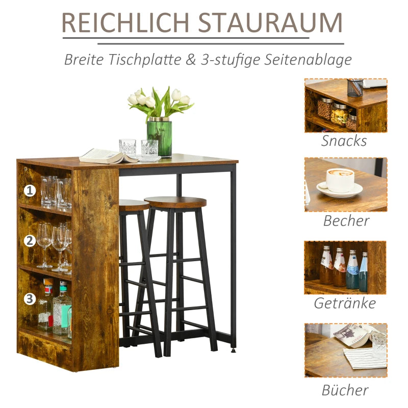 Rustic Brown 3-Piece Industrial Bar Table Set with Storage Shelf