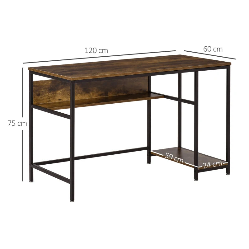Rustic Brown Computer Desk with Storage and Steel Frame, 120 x 60cm