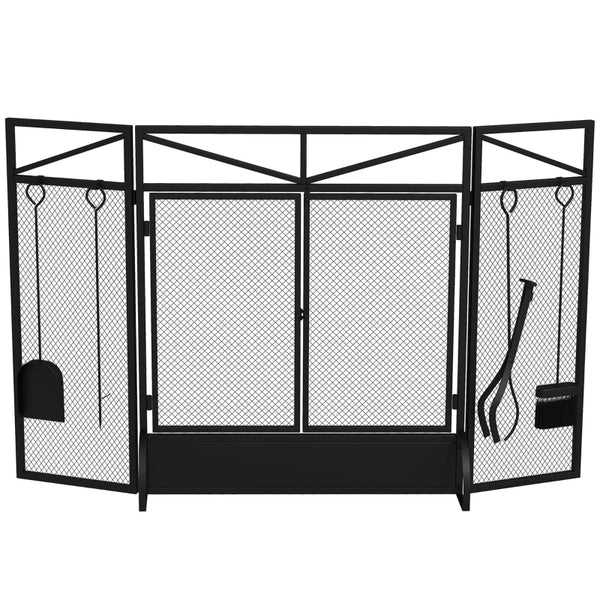 Black 3-Panel Folding Fire Screen with Tool Set and Doors, Freestanding Spark Guard for Fireplace, 122x77 cm