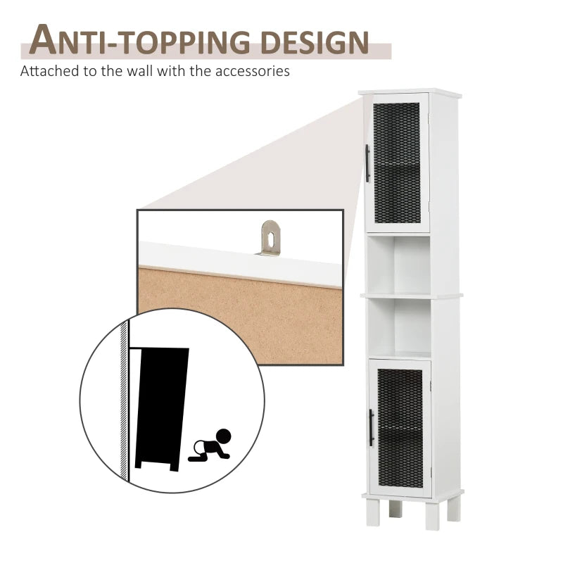 6-Tier White Bathroom Floor Cabinet with Glass Doors