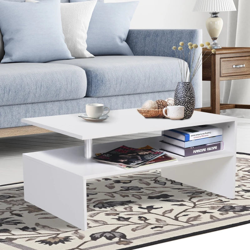 White 2-Tier Coffee Table with Storage and Open Shelf