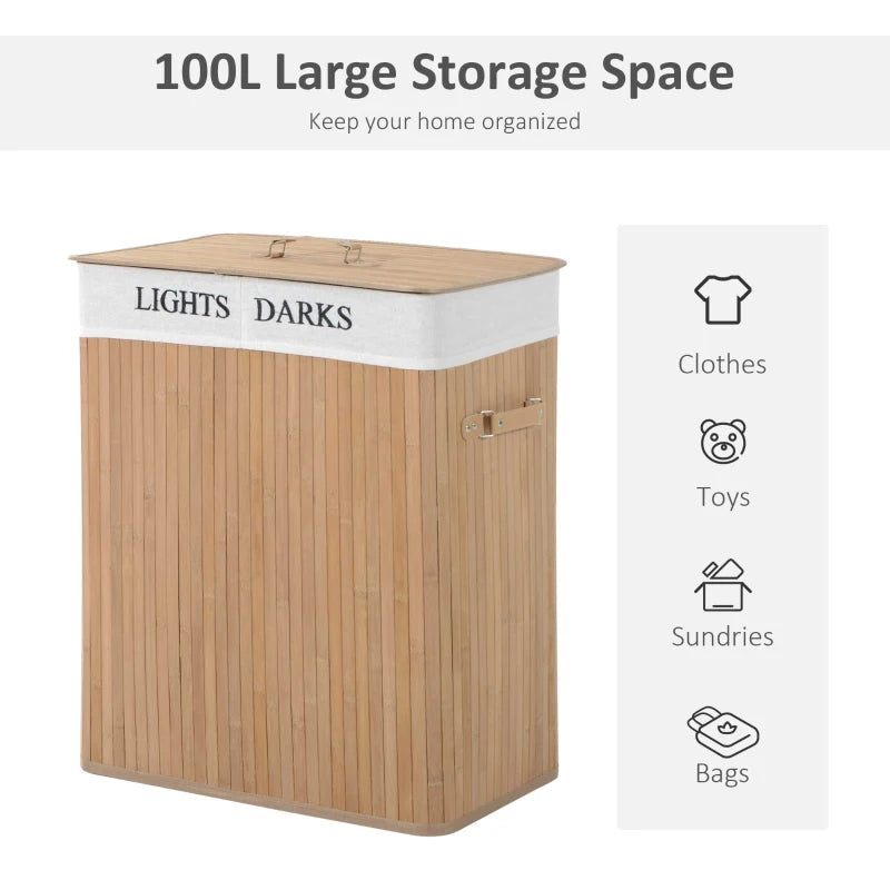 Wooden Laundry Hamper with Lid and Lining, Natural Wood, 100L Capacity