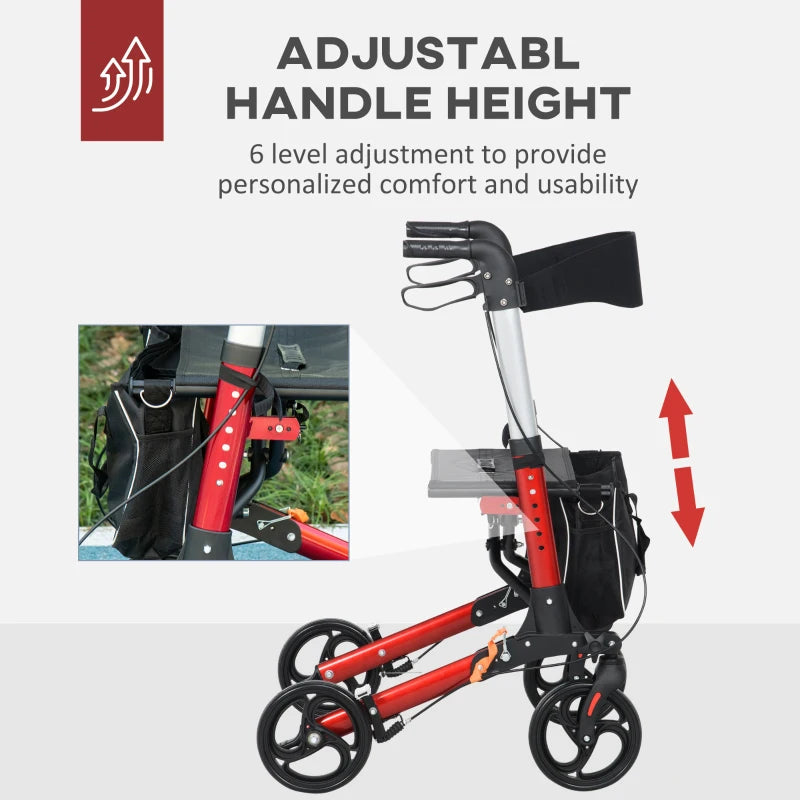 Red Folding Rollator Walker with Seat and Storage Bag