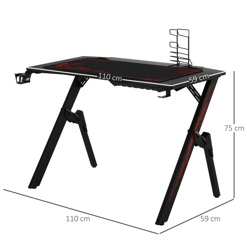 Black Gaming Desk with Game Handle Holder and Cupholder