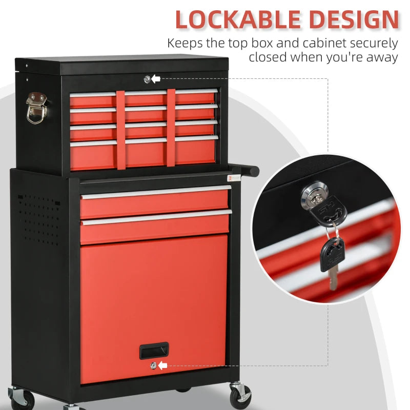 6-Drawer Black and Red Tool Cart with Wheels and Lockable Cabinet