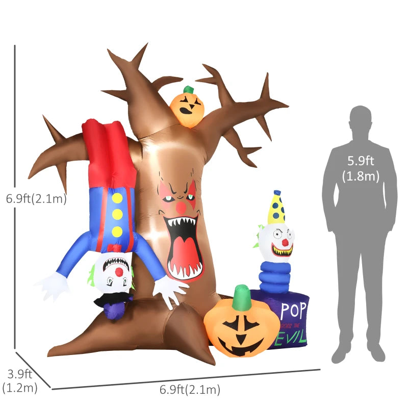 7ft Inflatable Halloween Ghost Tree with Upside-down Clown Pumpkins, LED Outdoor Display - Black