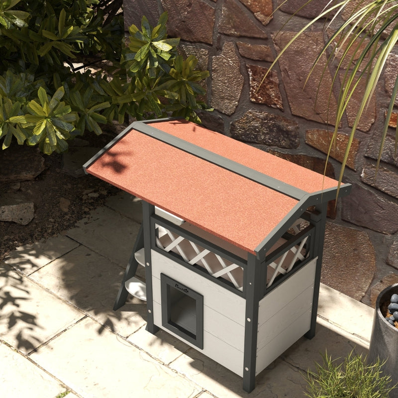 White Outdoor Cat House with Balcony and Stairs, 77 x 50 x 73 cm