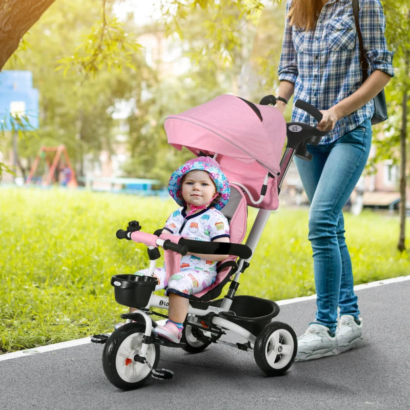 6-in-1 Pink Baby Push Tricycle with Parent Handle - Ages 1-5