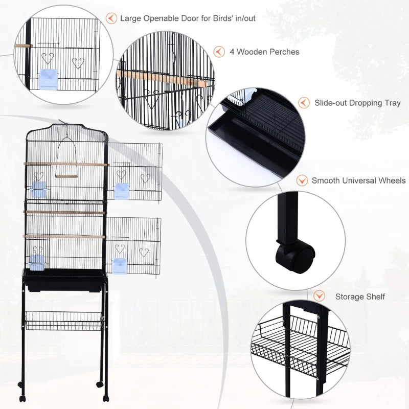 Black Metal Bird Cage with Removable Wheels Stand - 153cm