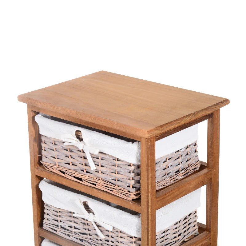 5-Drawer Wicker Basket Storage Unit - Natural Wood Finish