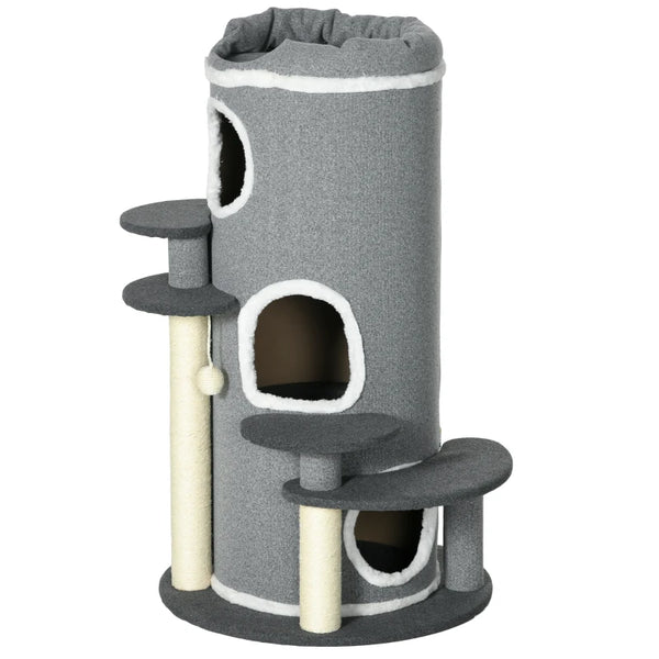 Grey Barrel Cat Tree with Scratching Posts, Bed, Platforms & Ball