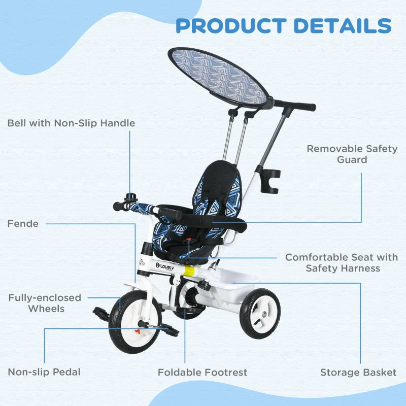 Blue 6-in-1 Kids Tricycle with 5-Point Harness and Canopy