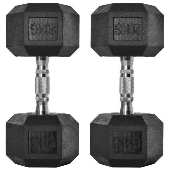 x2 20kg Rubber Hex Dumbbell Set for Home Gym Workout