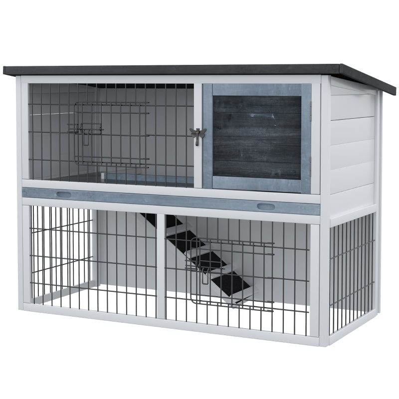 Grey 2-Tier Wooden Small Animal House with Openable Roof, 108 x 45 x 78 cm