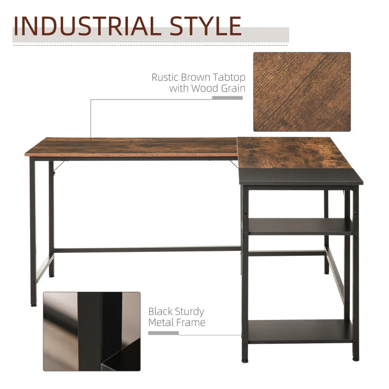 Rustic Brown L-Shaped Industrial Corner Desk with Adjustable Storage Shelf