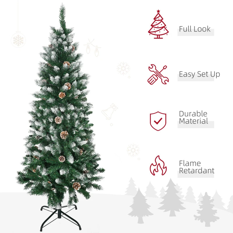 5ft Realistic Green and White Snow Artificial Christmas Tree with Pine Cones