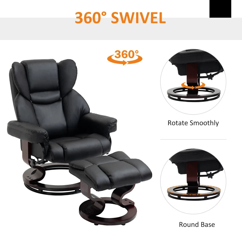 Black Swivel Recliner Chair with Adjustable Backrest and Footstool