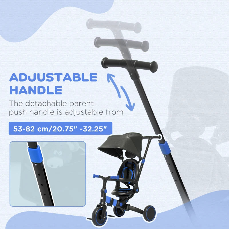 Blue 3-in-1 Kids Tricycle with Parent Handle