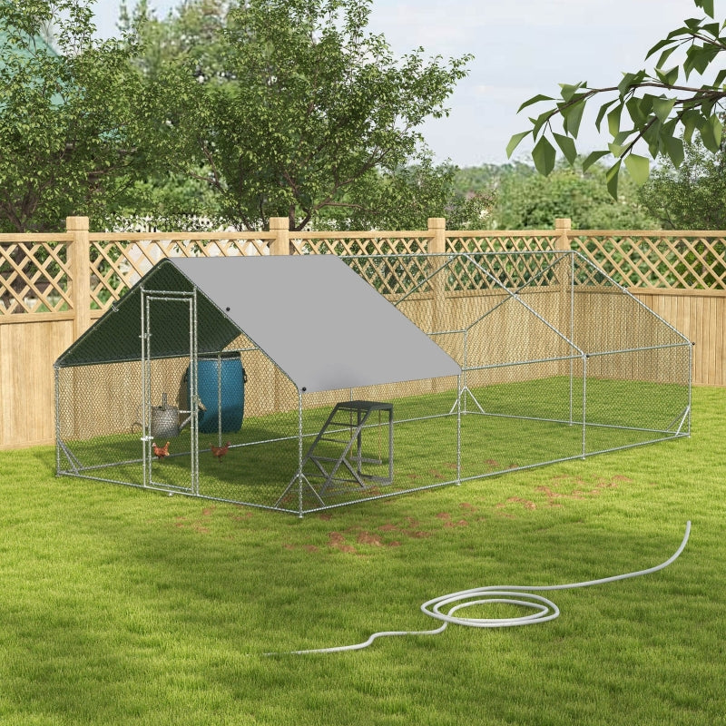 Galvanised Steel Chicken Run with Activity Shelf and Cover, 3x6x2m, Grey