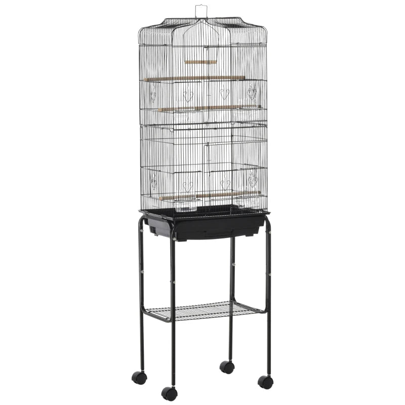 Black Bird Cage with Stand and Accessories, 46.5 x 36 x 157 cm