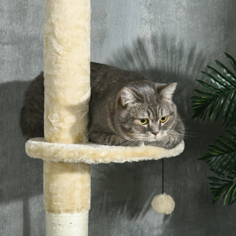 Beige Cat Tree Tower with Scratching Post and House - 255cm