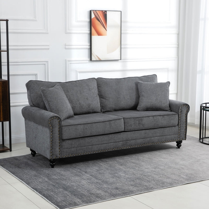 2 Seater Grey Fabric Sofa With Buttoned Arm Trim