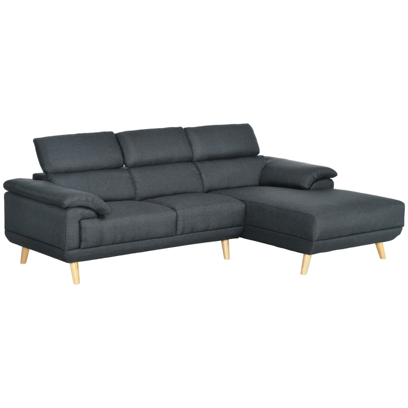 Dark Grey 3 Seater L-Shaped Sofa With Adjustable Headrest