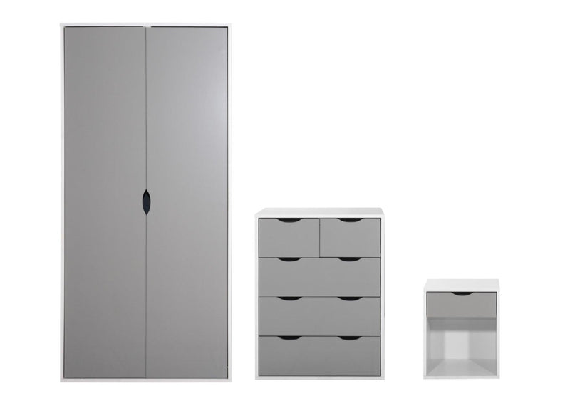 Alton 3 Piece Bedroom Set (2 Door Wardrobe, 3+2 Chest, 2 Drawer Bedside) Grey 