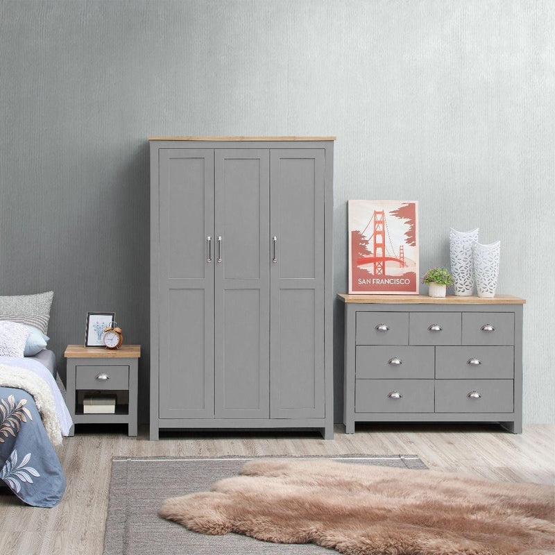 Lisbon 3 Piece Set (3 Door Wardrobe, 3+4 Chest, 1 Drw Bedside) Light Grey - Bedroom Sets