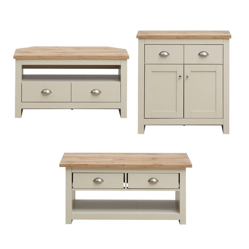 Lisbon 3 Piece Set (Corner TV Unit 2 Drawers, 2 Doors & 2 Drawer Sideboard, 2 Drawer Coffee Table) Cream - Living Room Sets