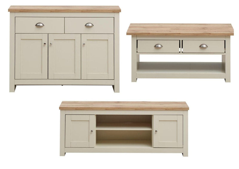 Lisbon 3 Piece Set (TV Unit  2 Doors 1 Shelf, 3 Doors & 2 Drawer Sideboard, 2 Drawer Coffee Table) Cream - Living Room Sets