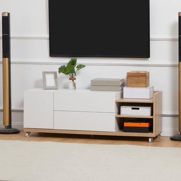 White & Wooden TV Stand on Wheels